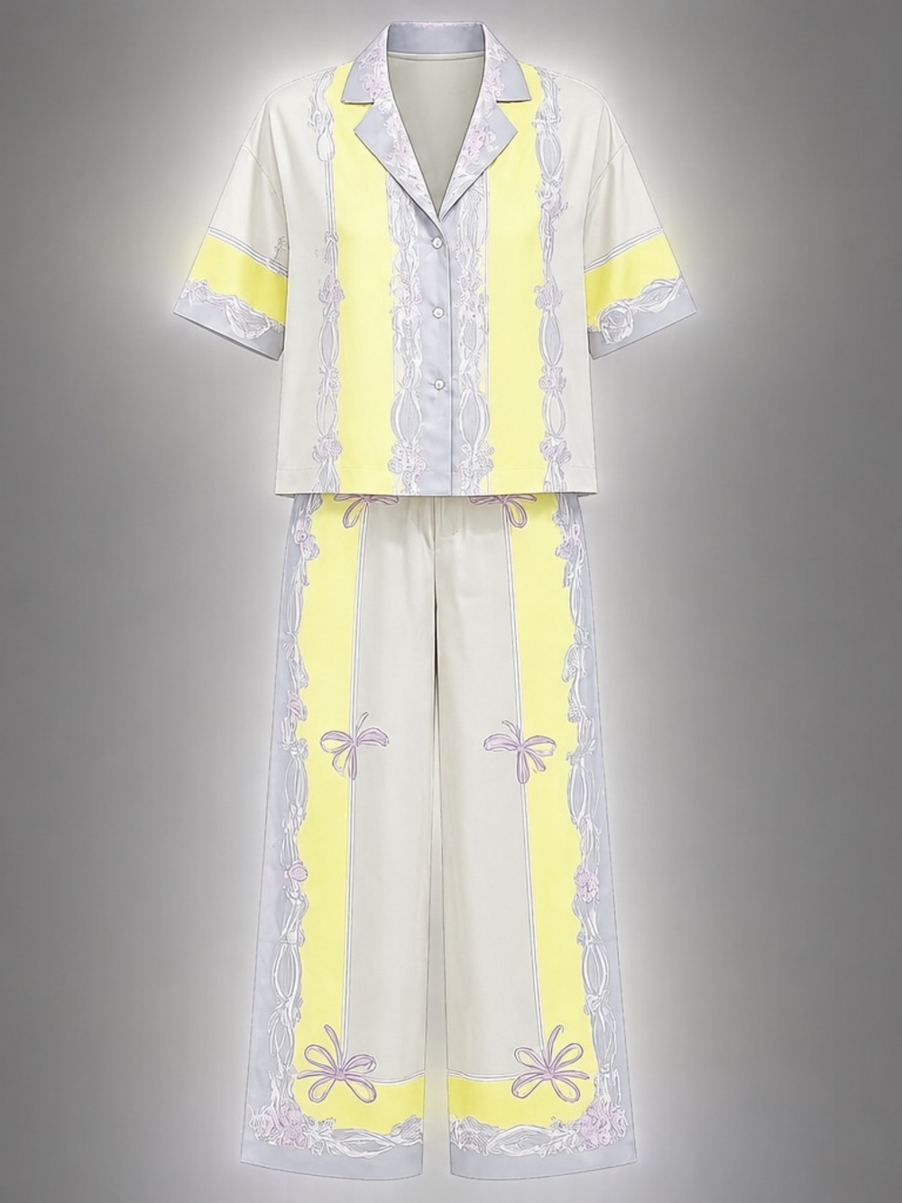 Versace Cream and Pale Yellow Satin Two-Piece Pajama Set